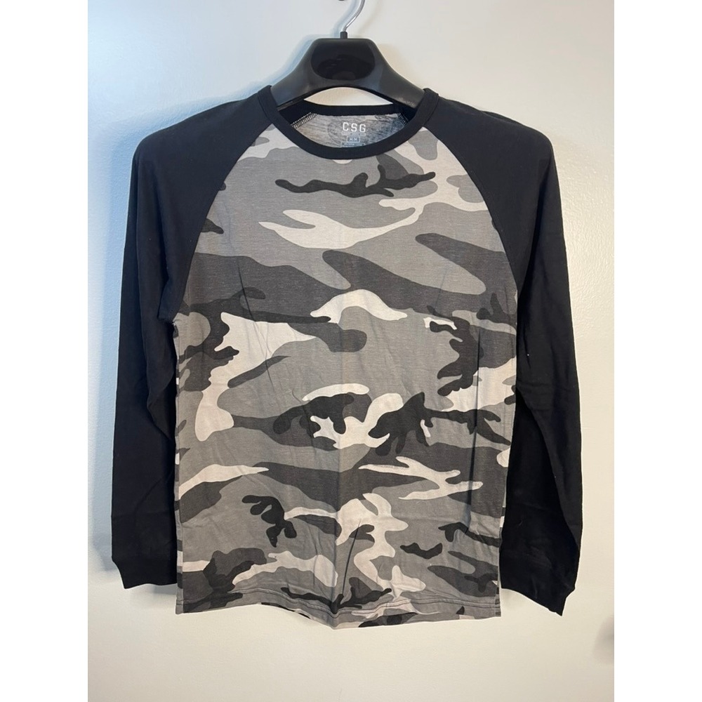CSG Champs Sports Gear Mens Grey Camo‎ Raglan Long Sleeve T-Shirt Size Medium